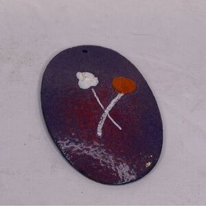 Vintage Enamel Over Copper Purple Oval Pendant White & Orange Flowers Crossed